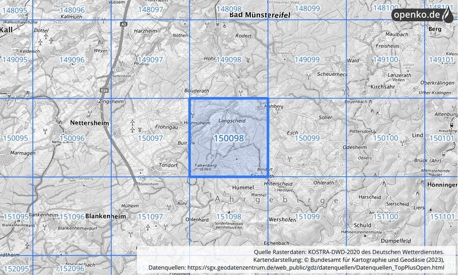 Übersichtskarte des KOSTRA-DWD-2020-Rasterfeldes Nr. 150098