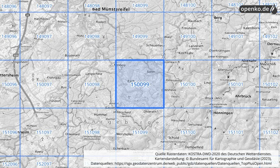Übersichtskarte des KOSTRA-DWD-2020-Rasterfeldes Nr. 150099