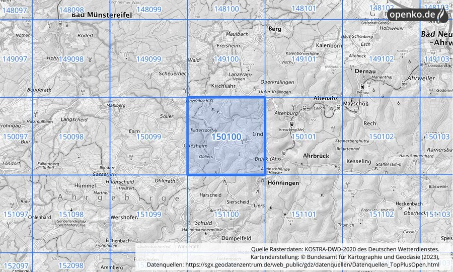 Übersichtskarte des KOSTRA-DWD-2020-Rasterfeldes Nr. 150100