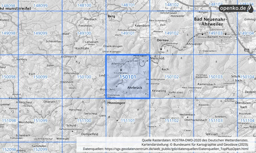 Übersichtskarte des KOSTRA-DWD-2020-Rasterfeldes Nr. 150101