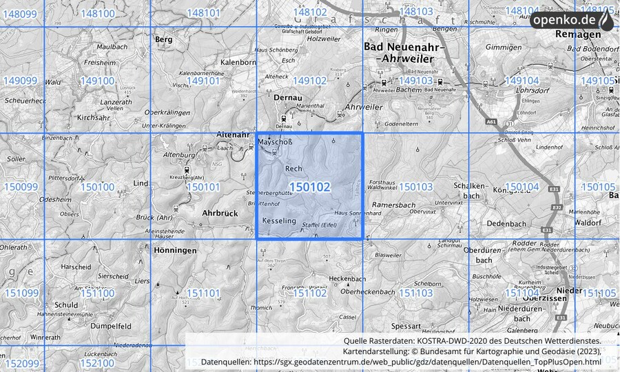 Übersichtskarte des KOSTRA-DWD-2020-Rasterfeldes Nr. 150102
