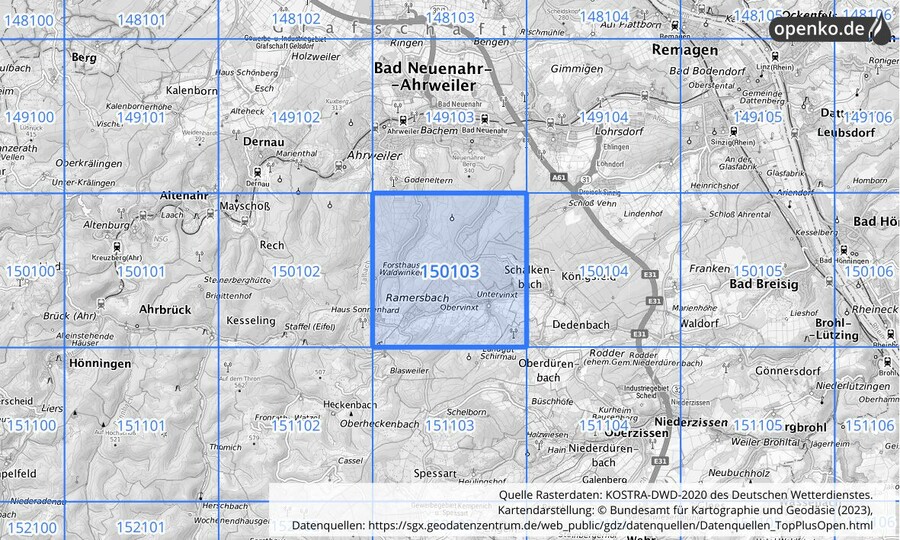 Übersichtskarte des KOSTRA-DWD-2020-Rasterfeldes Nr. 150103