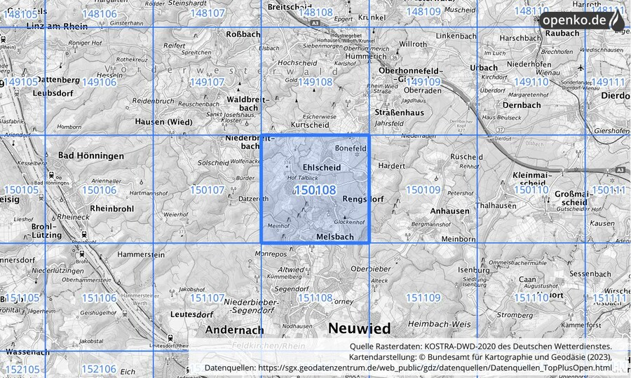 Übersichtskarte des KOSTRA-DWD-2020-Rasterfeldes Nr. 150108