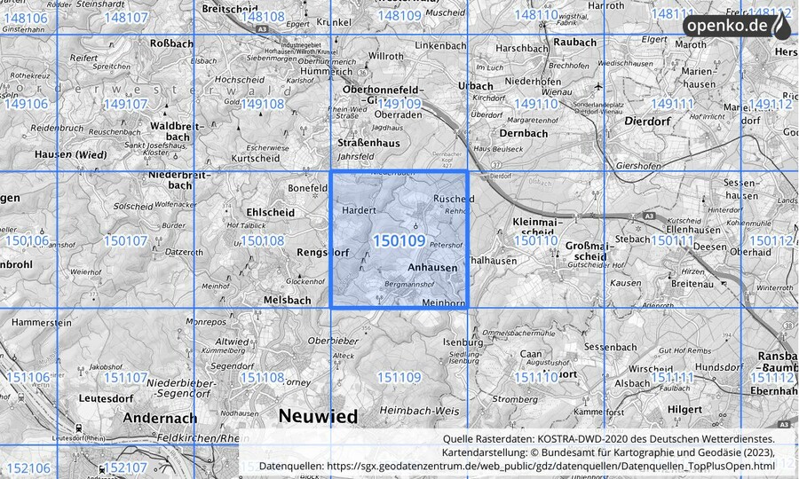 Übersichtskarte des KOSTRA-DWD-2020-Rasterfeldes Nr. 150109