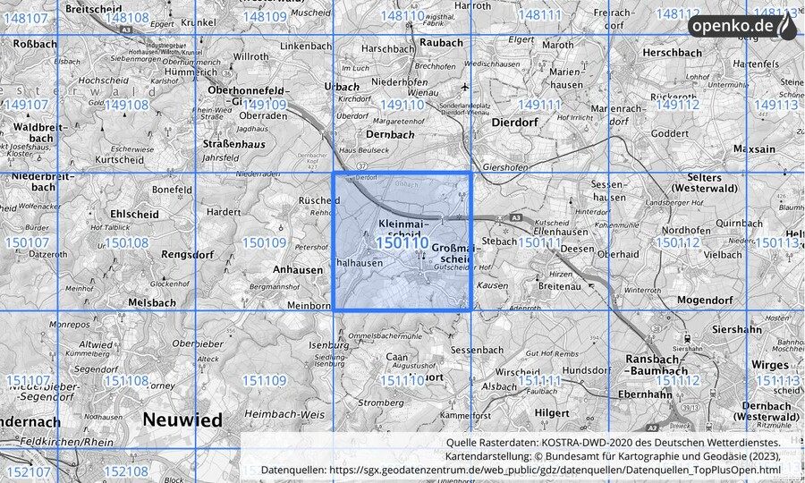 Übersichtskarte des KOSTRA-DWD-2020-Rasterfeldes Nr. 150110