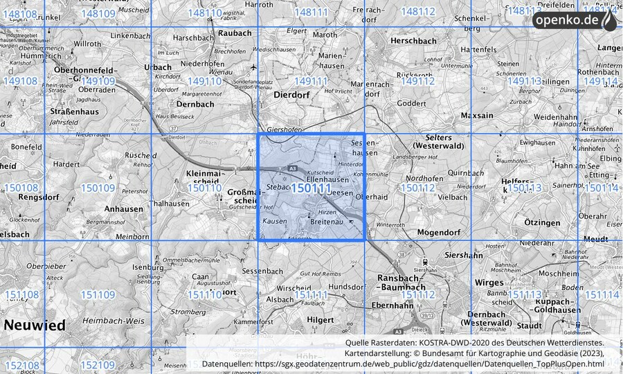 Übersichtskarte des KOSTRA-DWD-2020-Rasterfeldes Nr. 150111