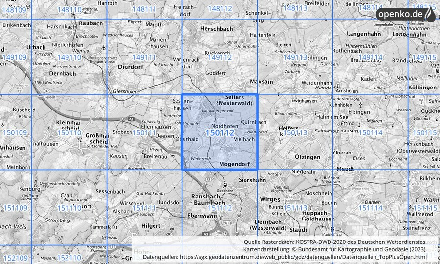 Übersichtskarte des KOSTRA-DWD-2020-Rasterfeldes Nr. 150112