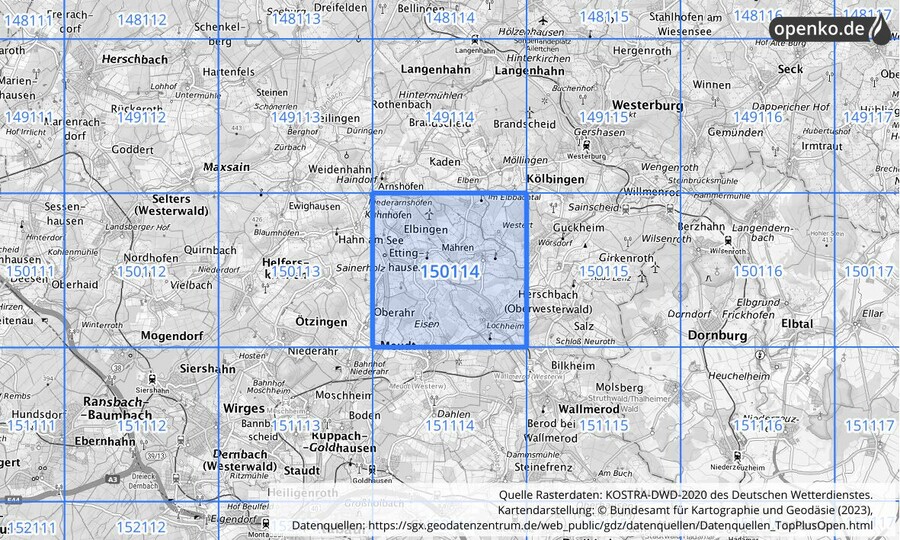 Übersichtskarte des KOSTRA-DWD-2020-Rasterfeldes Nr. 150114