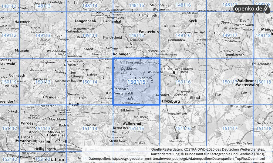 Übersichtskarte des KOSTRA-DWD-2020-Rasterfeldes Nr. 150115