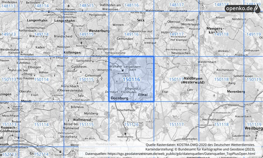 Übersichtskarte des KOSTRA-DWD-2020-Rasterfeldes Nr. 150116