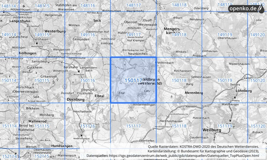 Übersichtskarte des KOSTRA-DWD-2020-Rasterfeldes Nr. 150117