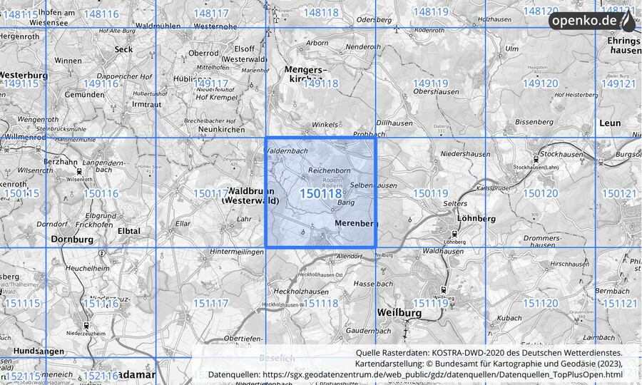 Übersichtskarte des KOSTRA-DWD-2020-Rasterfeldes Nr. 150118