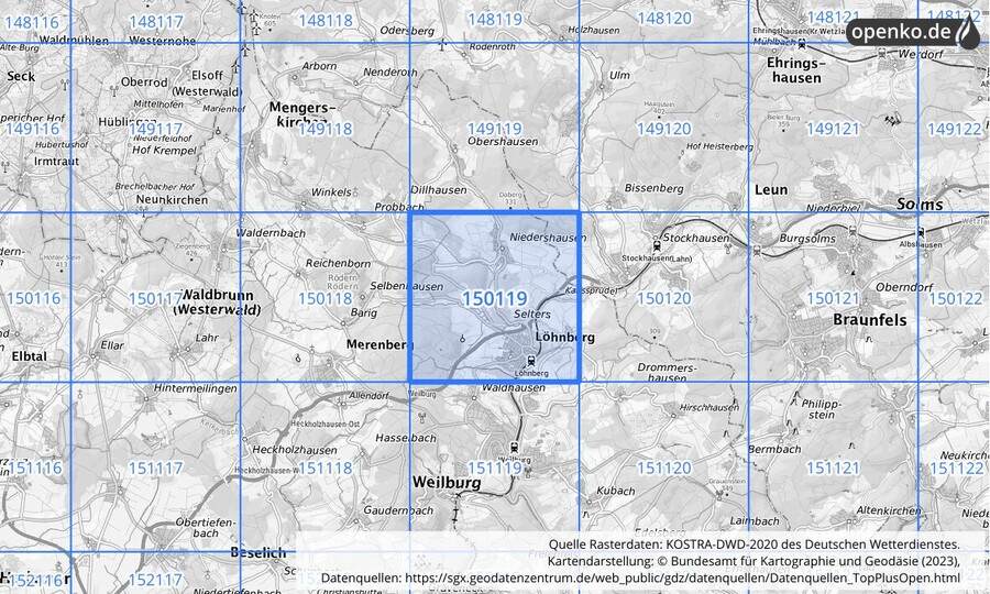 Übersichtskarte des KOSTRA-DWD-2020-Rasterfeldes Nr. 150119