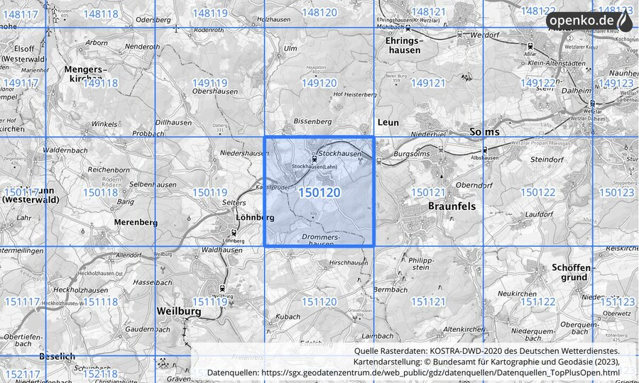 Übersichtskarte des KOSTRA-DWD-2020-Rasterfeldes Nr. 150120