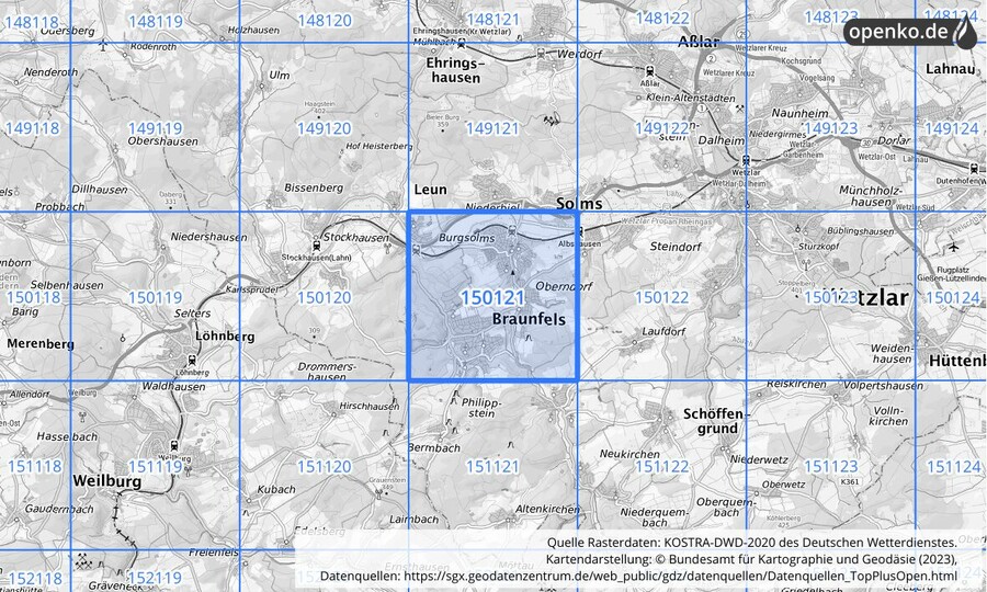 Übersichtskarte des KOSTRA-DWD-2020-Rasterfeldes Nr. 150121