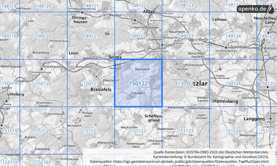 Übersichtskarte des KOSTRA-DWD-2020-Rasterfeldes Nr. 150122