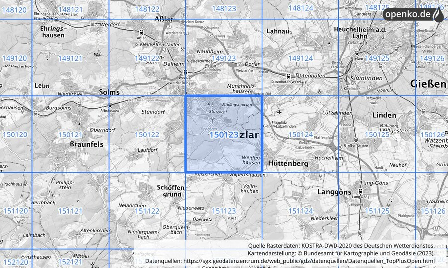 Übersichtskarte des KOSTRA-DWD-2020-Rasterfeldes Nr. 150123