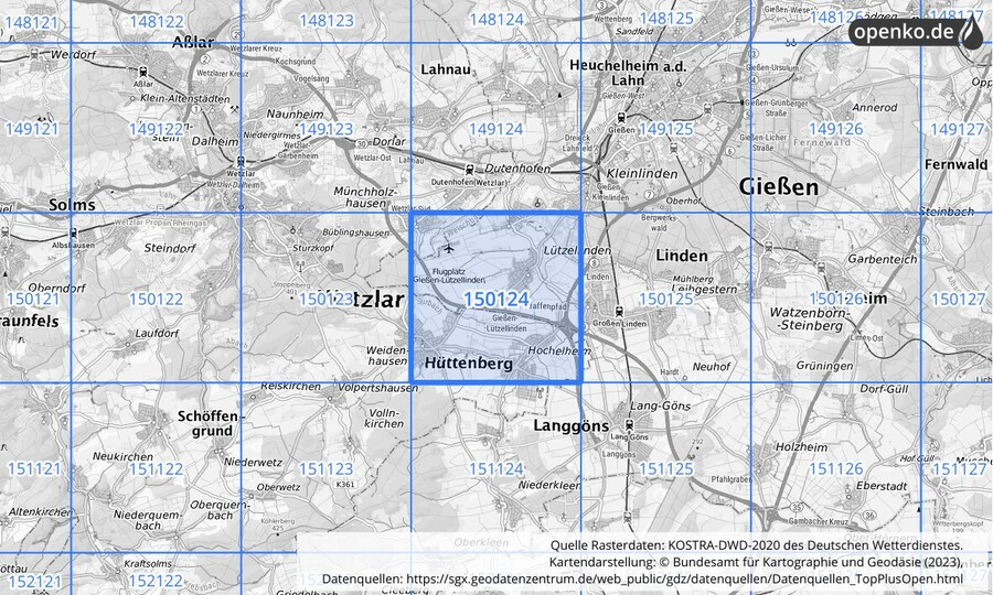 Übersichtskarte des KOSTRA-DWD-2020-Rasterfeldes Nr. 150124