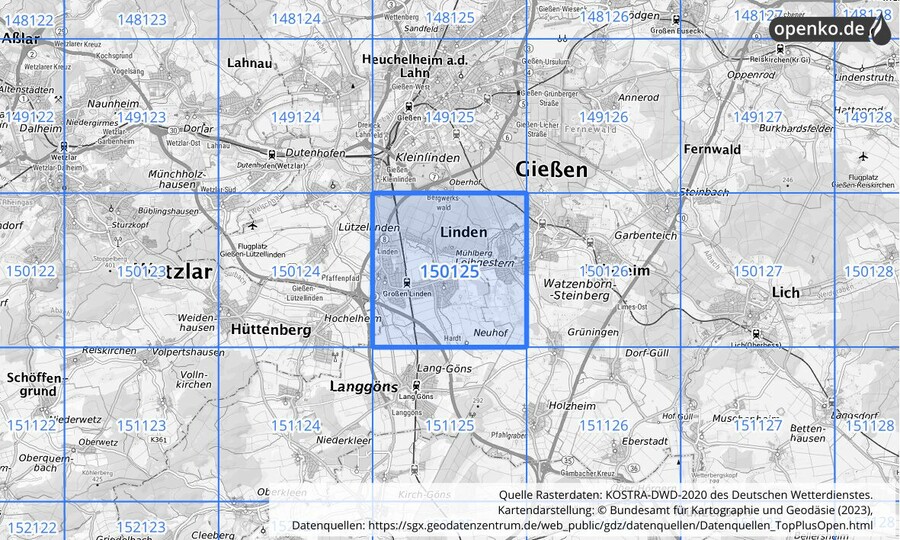 Übersichtskarte des KOSTRA-DWD-2020-Rasterfeldes Nr. 150125