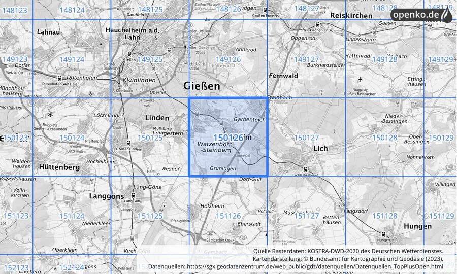 Übersichtskarte des KOSTRA-DWD-2020-Rasterfeldes Nr. 150126