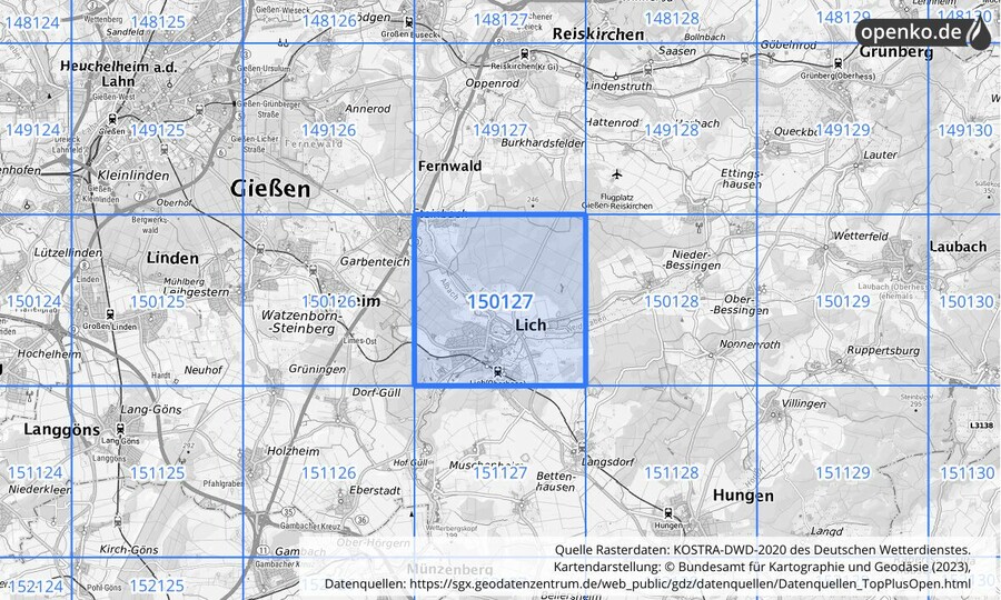 Übersichtskarte des KOSTRA-DWD-2020-Rasterfeldes Nr. 150127