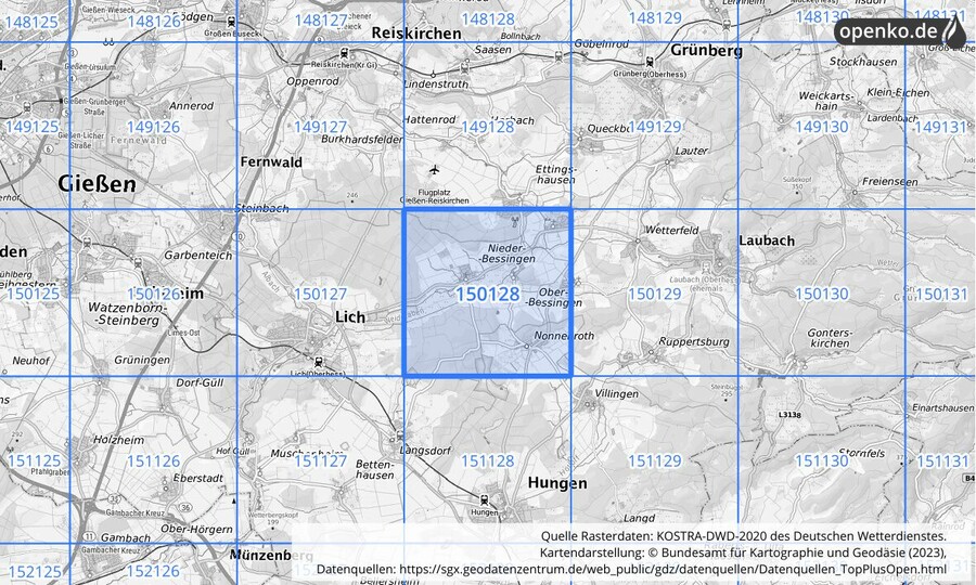 Übersichtskarte des KOSTRA-DWD-2020-Rasterfeldes Nr. 150128