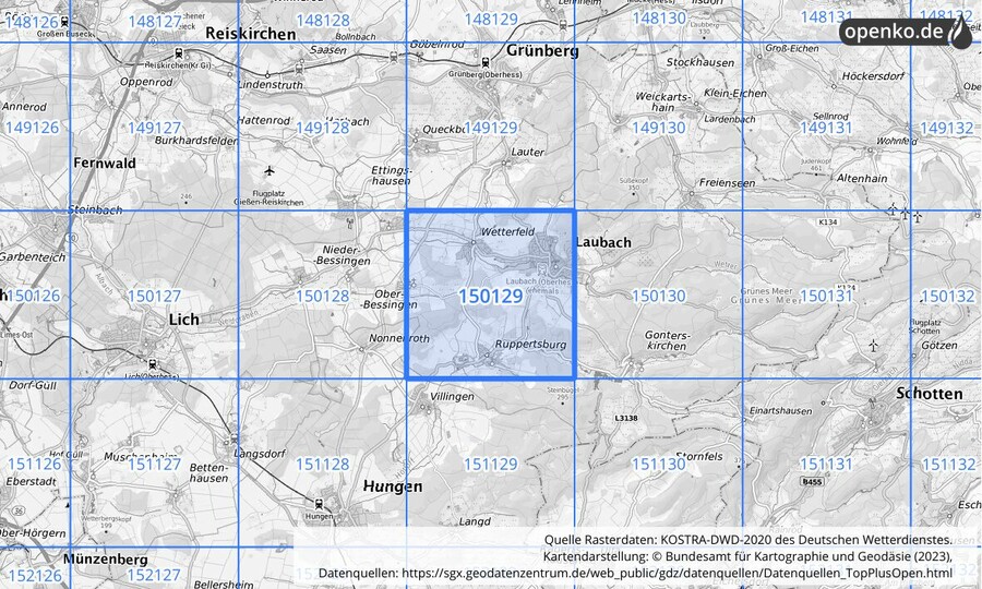 Übersichtskarte des KOSTRA-DWD-2020-Rasterfeldes Nr. 150129