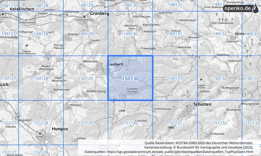 Übersichtskarte des KOSTRA-DWD-2020-Rasterfeldes Nr. 150130