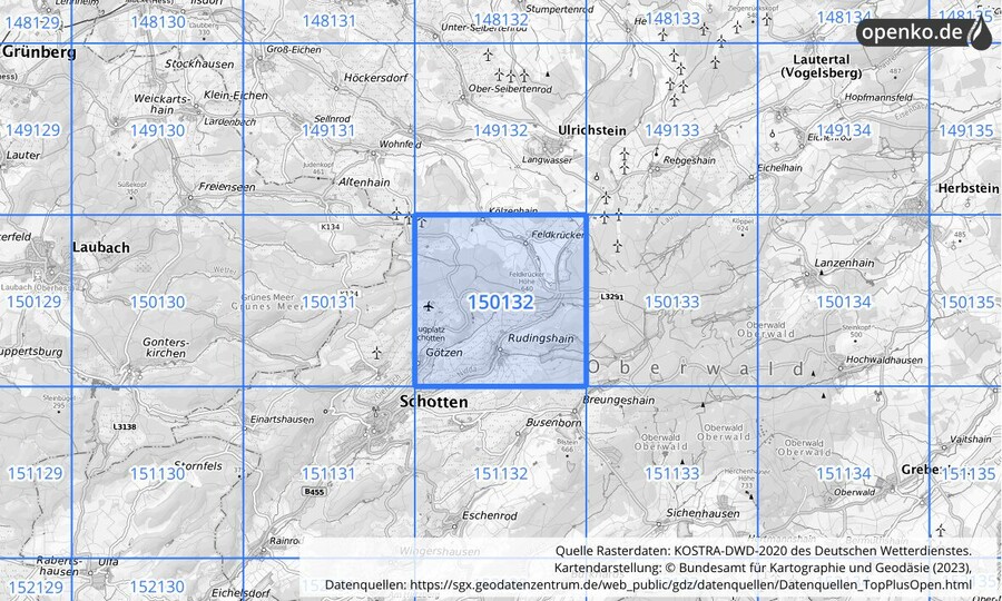 Übersichtskarte des KOSTRA-DWD-2020-Rasterfeldes Nr. 150132