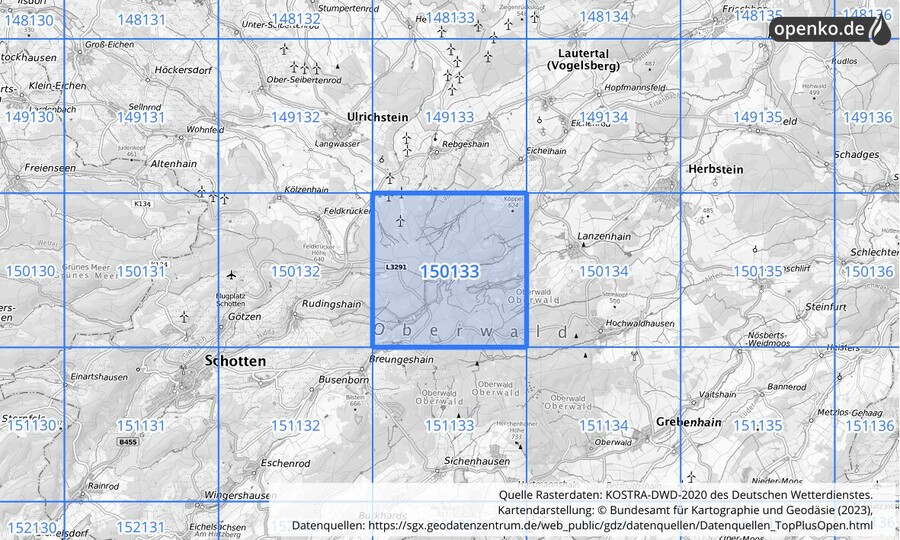 Übersichtskarte des KOSTRA-DWD-2020-Rasterfeldes Nr. 150133