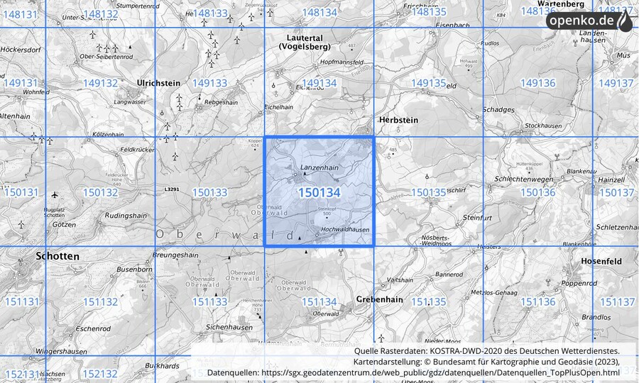 Übersichtskarte des KOSTRA-DWD-2020-Rasterfeldes Nr. 150134