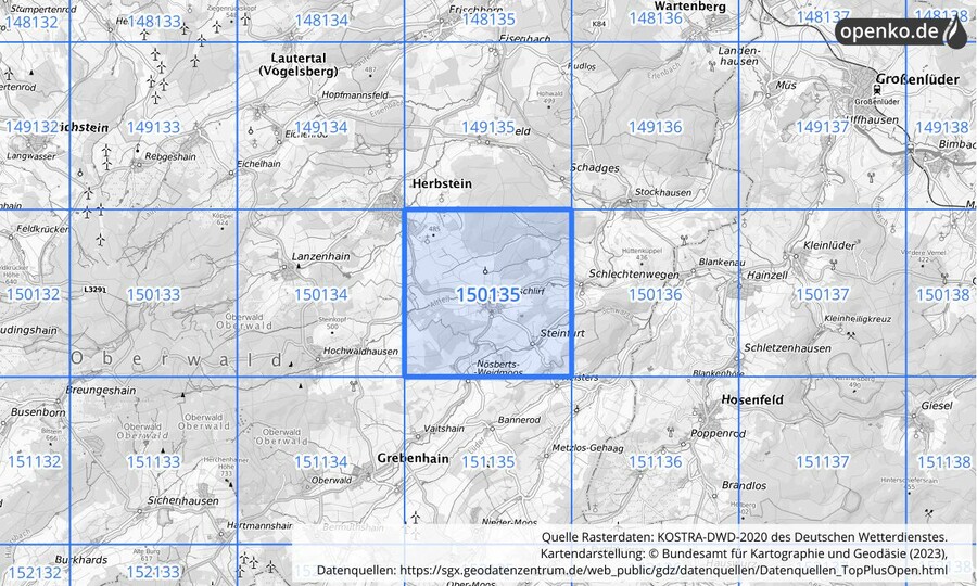 Übersichtskarte des KOSTRA-DWD-2020-Rasterfeldes Nr. 150135