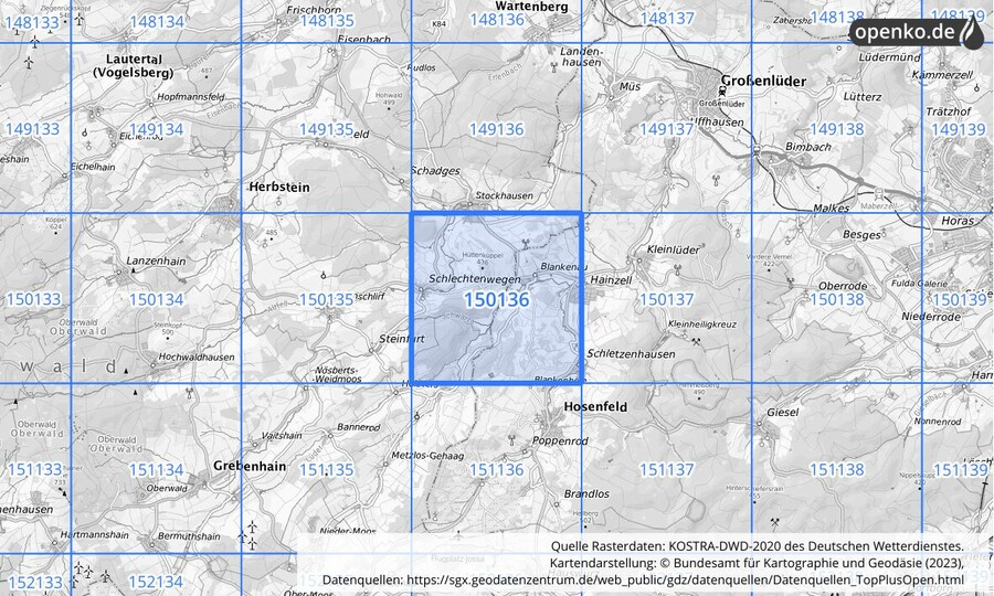 Übersichtskarte des KOSTRA-DWD-2020-Rasterfeldes Nr. 150136