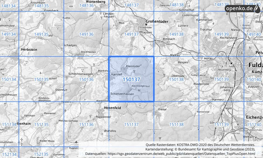 Übersichtskarte des KOSTRA-DWD-2020-Rasterfeldes Nr. 150137