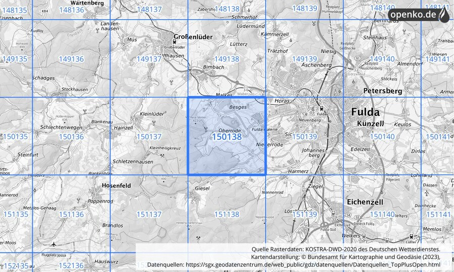 Übersichtskarte des KOSTRA-DWD-2020-Rasterfeldes Nr. 150138