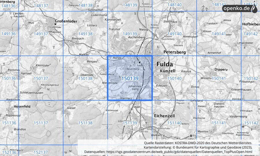 Übersichtskarte des KOSTRA-DWD-2020-Rasterfeldes Nr. 150139