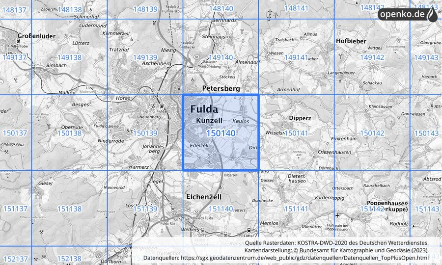 Übersichtskarte des KOSTRA-DWD-2020-Rasterfeldes Nr. 150140