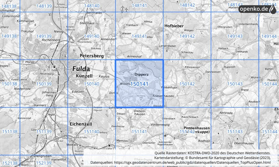 Übersichtskarte des KOSTRA-DWD-2020-Rasterfeldes Nr. 150141