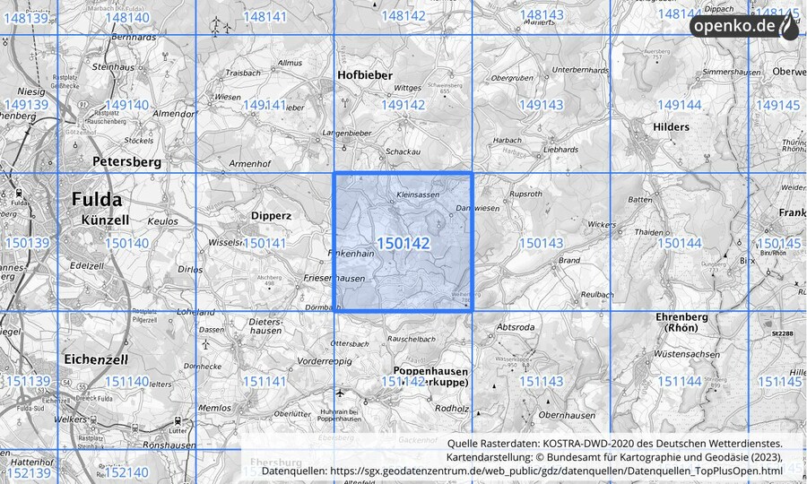 Übersichtskarte des KOSTRA-DWD-2020-Rasterfeldes Nr. 150142