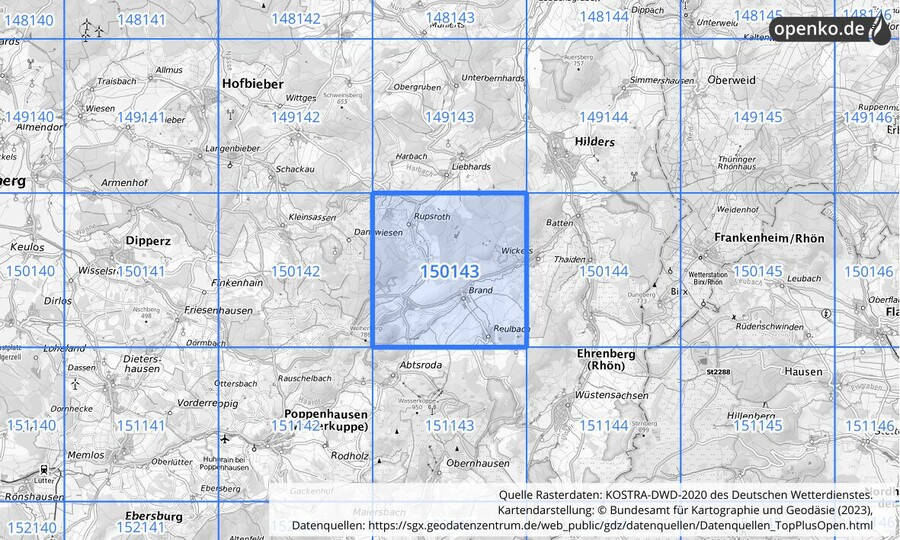 Übersichtskarte des KOSTRA-DWD-2020-Rasterfeldes Nr. 150143