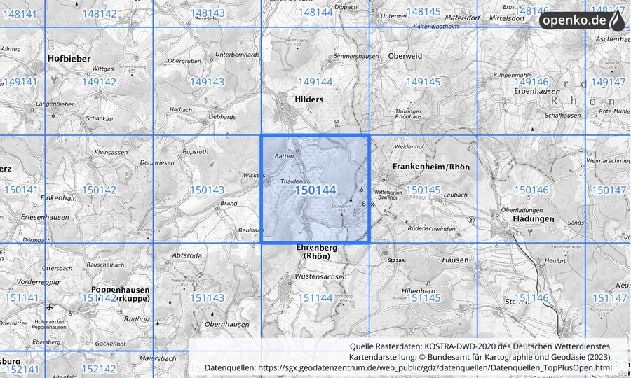 Übersichtskarte des KOSTRA-DWD-2020-Rasterfeldes Nr. 150144