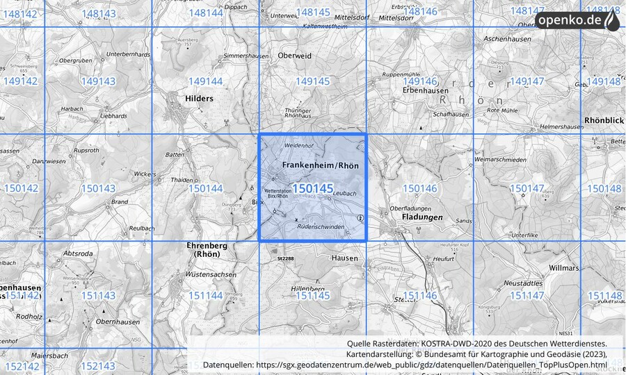 Übersichtskarte des KOSTRA-DWD-2020-Rasterfeldes Nr. 150145