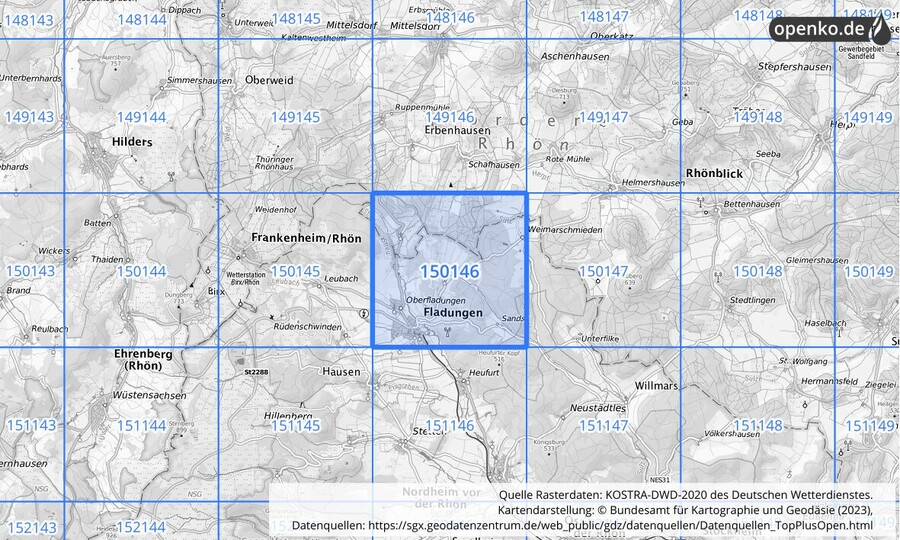 Übersichtskarte des KOSTRA-DWD-2020-Rasterfeldes Nr. 150146