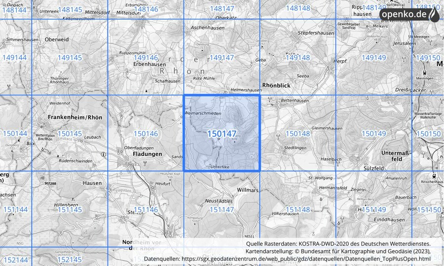 Übersichtskarte des KOSTRA-DWD-2020-Rasterfeldes Nr. 150147