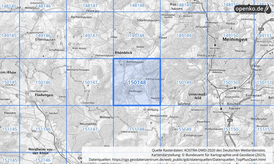 Übersichtskarte des KOSTRA-DWD-2020-Rasterfeldes Nr. 150148