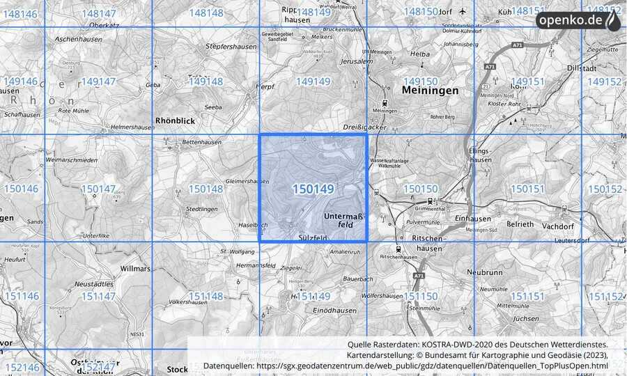 Übersichtskarte des KOSTRA-DWD-2020-Rasterfeldes Nr. 150149