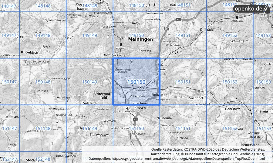 Übersichtskarte des KOSTRA-DWD-2020-Rasterfeldes Nr. 150150