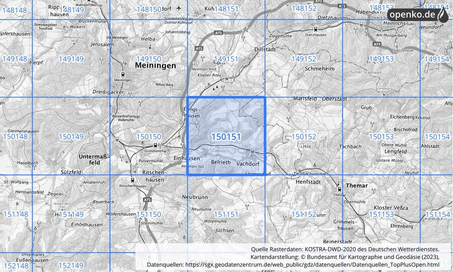 Übersichtskarte des KOSTRA-DWD-2020-Rasterfeldes Nr. 150151