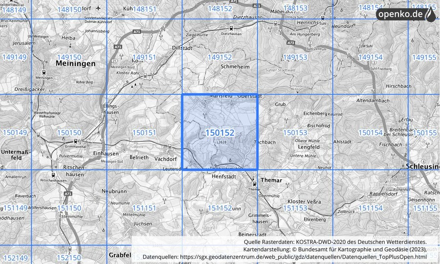 Übersichtskarte des KOSTRA-DWD-2020-Rasterfeldes Nr. 150152