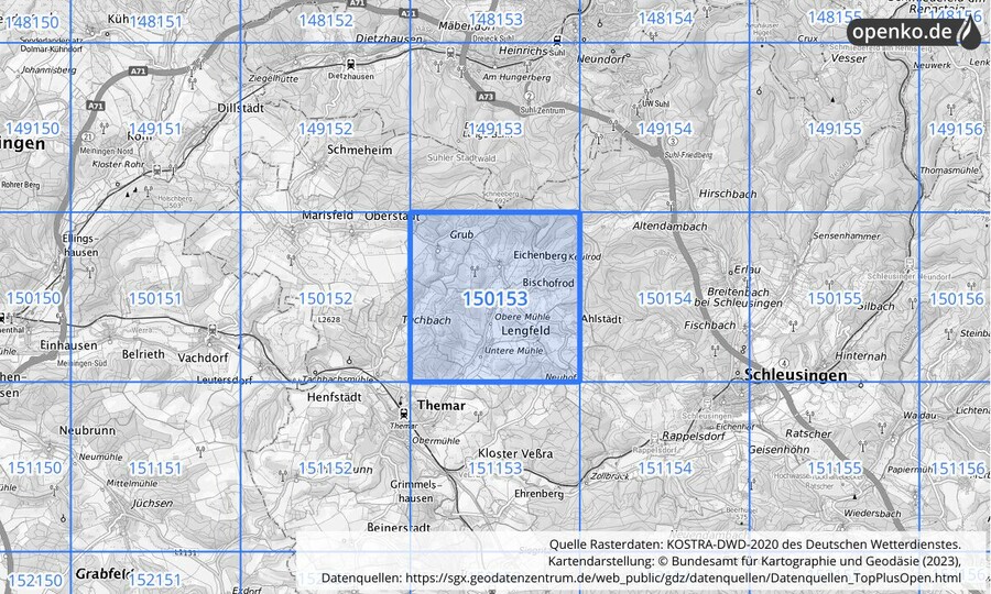 Übersichtskarte des KOSTRA-DWD-2020-Rasterfeldes Nr. 150153